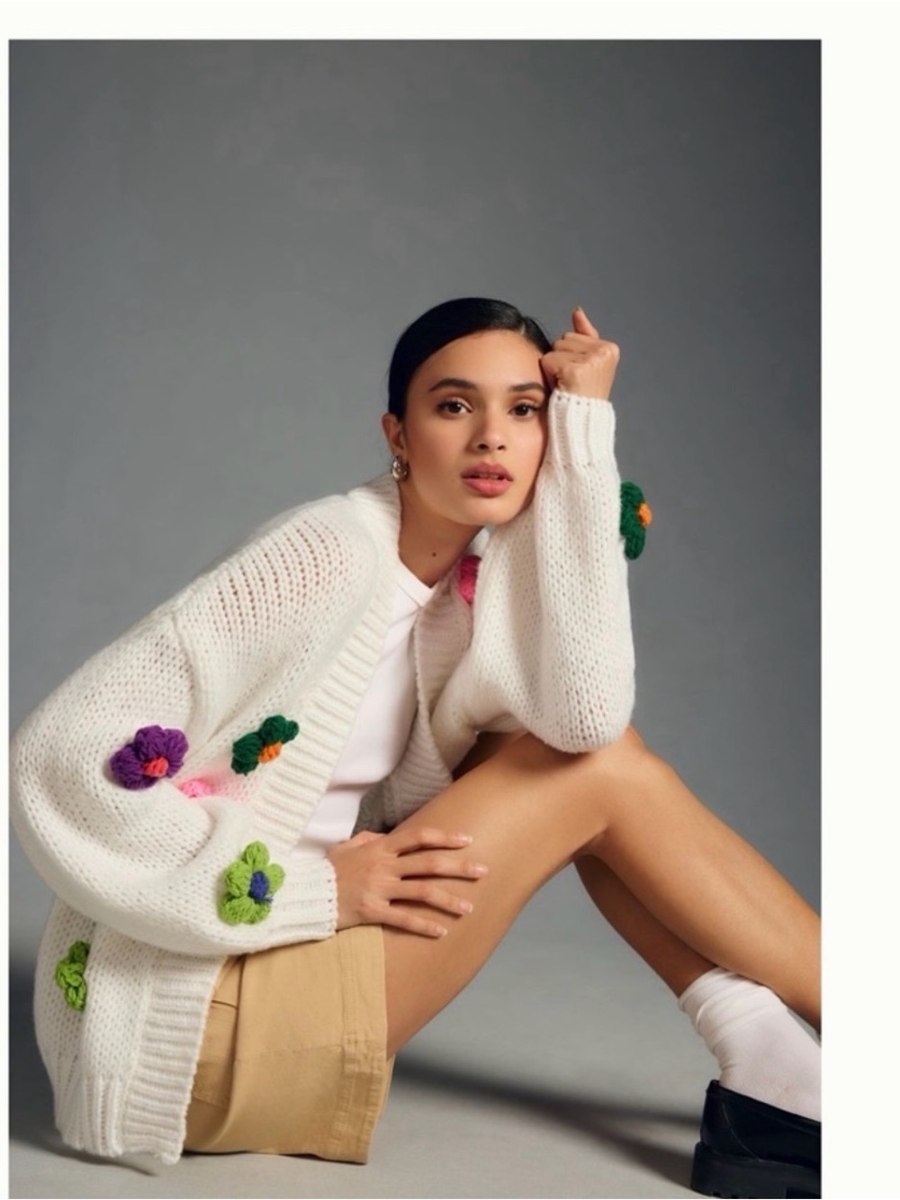 Maeve White Crewneck Sweater with Colorful Floral Appliqués